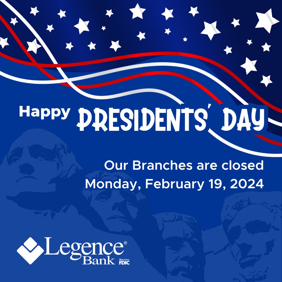 🇺🇸 𝗖𝗟𝗢𝗦𝗘𝗗 in honor of 𝗣𝗥𝗘𝗦𝗜𝗗𝗘𝗡𝗧𝗦' 𝗗𝗔𝗬 🇺🇸

Our branches will resume regular banking hours tomorrow, Tuesday, February 20, 2024.

#PresidentsDay
Member FDIC