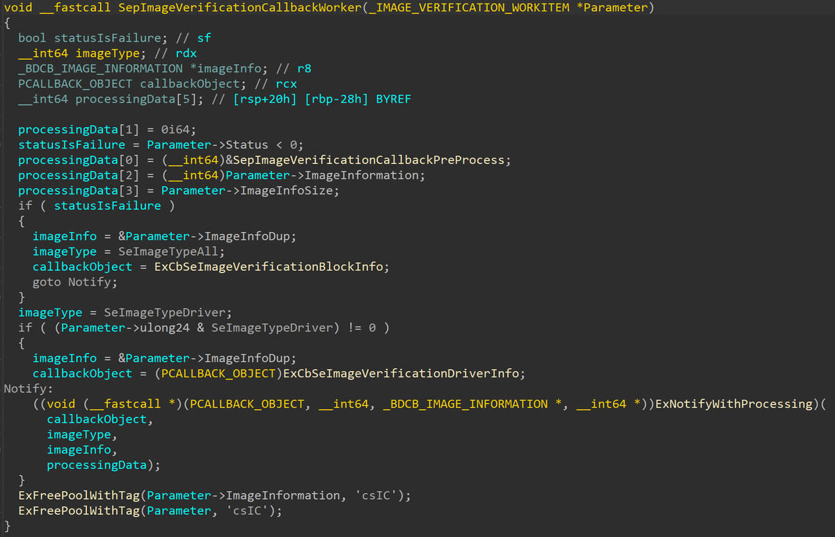 Attention EDR developers: In 24H2 MS will allow you to receive notifications for drivers blocked by HVCI through SeRegisterImageVerificationCallback through a new CallbackType. You'll need to register twice: once for image loads and once for HVCI-blocked images.