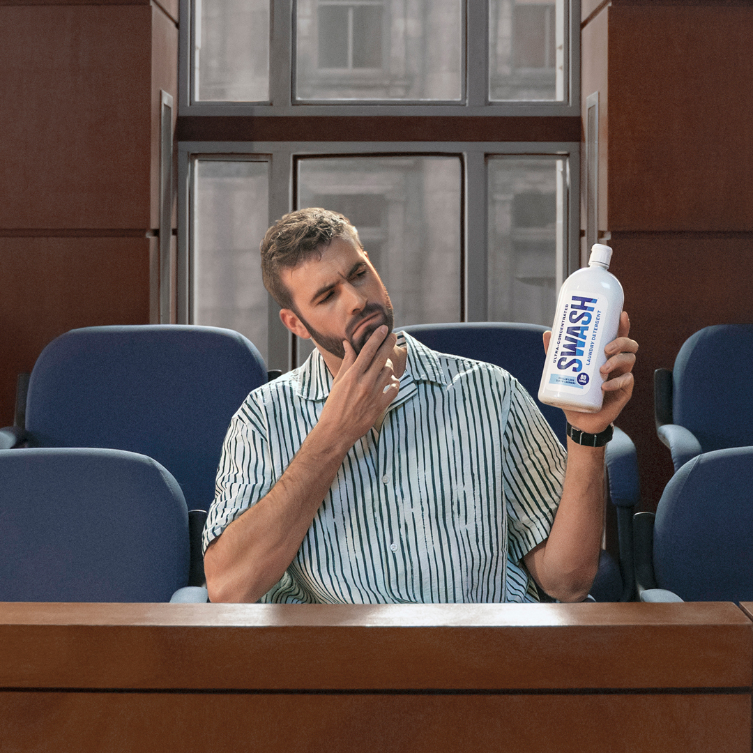 SwashOfficial's tweet photo. You guessed it. Ronald is reporting for jury duty in his biggest case ever. The fate of laundry innovation hangs in the balance. Let’s hope justice is served. https://t.co/ZMSyWgyFMU