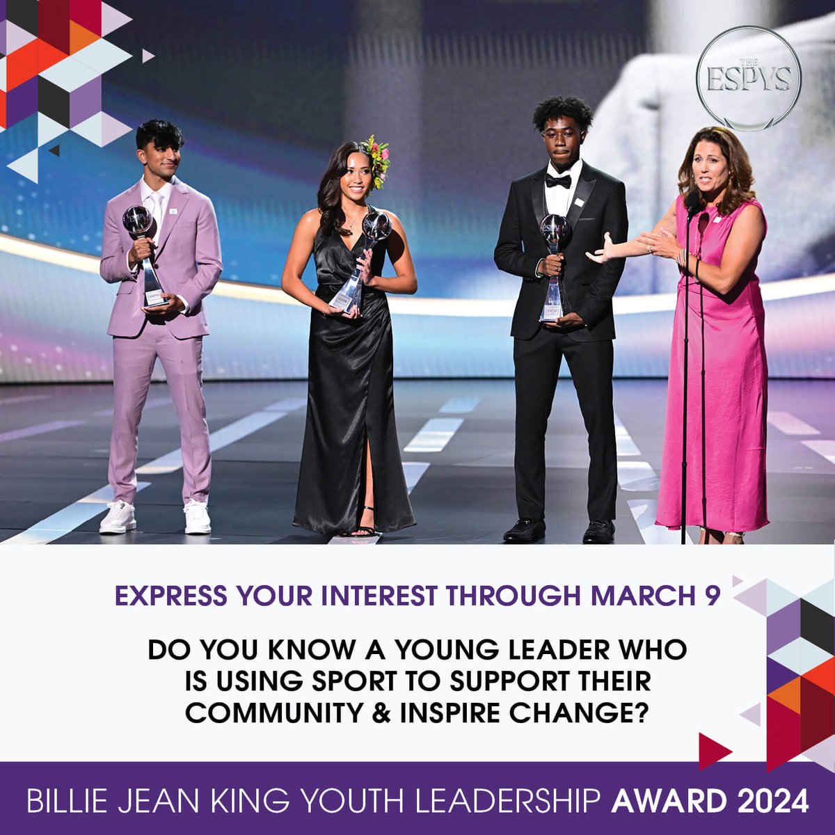 📣 We're currently accepting expressions of interest in the US for the #BillieJeanKing Youth Leadership Award! Learn more and share your interest by March 9! bit.ly/49iLB9M #sportforsocialchange @ESPNCitizenship