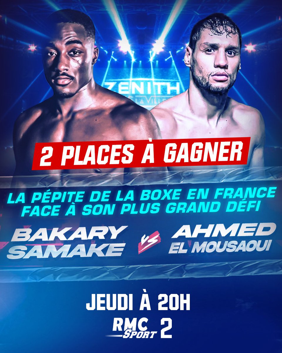 RMCSportCombat's tweet photo. 🎁 JEU CONCOURS 🎁

🎟️ On vous offre 2x2 places pour la soirée boxe de ce début d'année, SAMAKÉ vs EL MOUSAOUI ! RDV jeudi au Zénith de Paris pour les plus chanceux, ou sur RMC Sport 2 dès 20h !

👉 Pour participer, RT ce tweet + follow @RMCSport_Combat

🍀 TAS demain à 18h