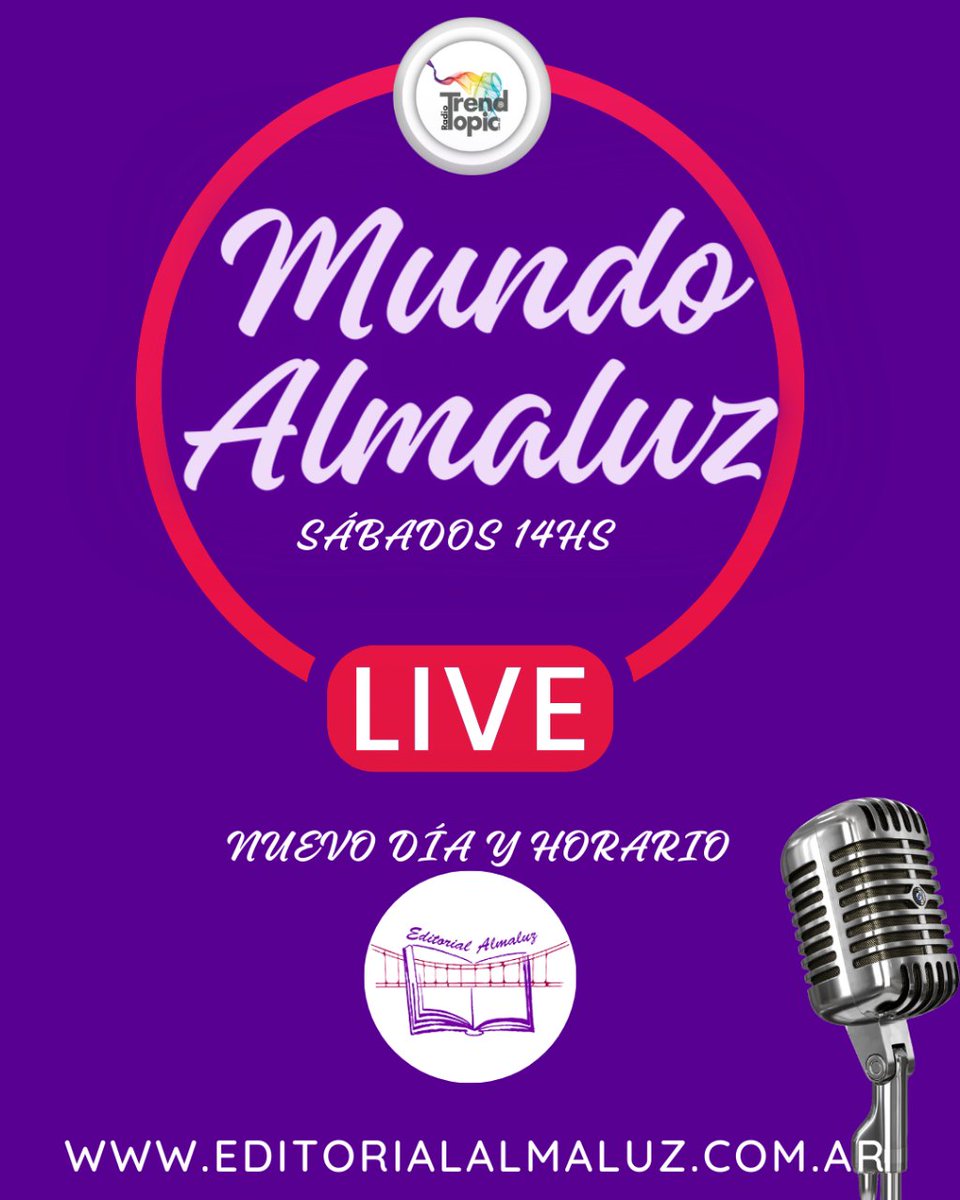 EDITALMALUZ's tweet photo. 🎙️Comenzamos la semana con novedades ¡A pedido de la comunidad, nuevo día y horario del programa radial #MundoAlmaluz en @radiotrendtopic🎧 los sábados a las 14hs vamos a salir en vivo para interactuar con todos uds desde nuestra fanpage. ¡Gracias por acompañarnos!🩵 https://t.co/aO0YNmn8mf