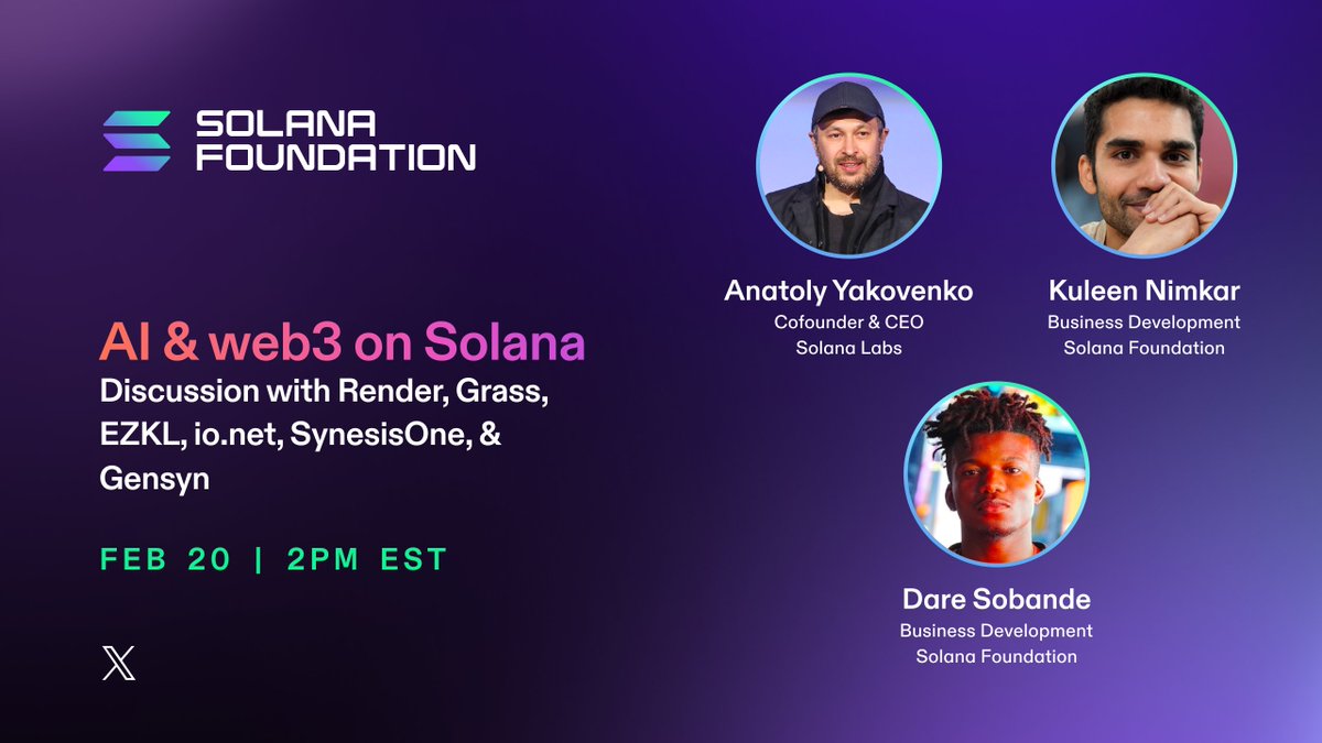 AI &amp; web3 on Solana

Solana’s low costs &amp; high throughput unlock exciting new possibilities for AI onchain. Join for a spaces discussion about the intersection of blockchain and AI on Solana Feb. 20 at 2:00pm EST with:

- <a href="/toly/"></a>
- <a href="/knimkar/">Kuleen ◎</a>
- @DSobande123 
- <a href="/getgrass_io/">touch grass</a>
-