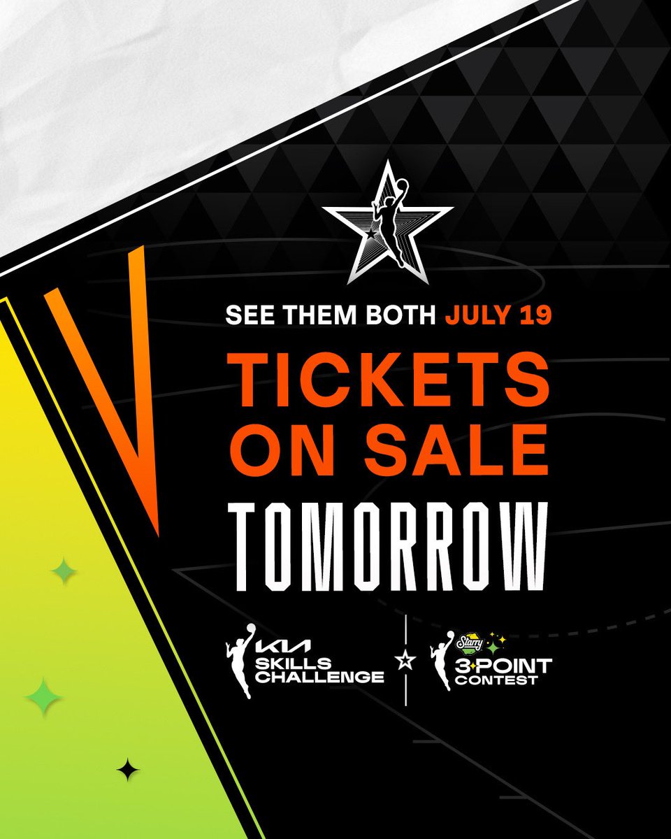 WNBA's tweet photo. Don’t miss it! Tickets for the 2024 WNBA All-Star Kia Skills Challenge &amp; Starry 3-Point Contest July 19th in Phoenix are on sale tomorrow! 🙌 🏆 https://t.co/hlNV1MF7EI