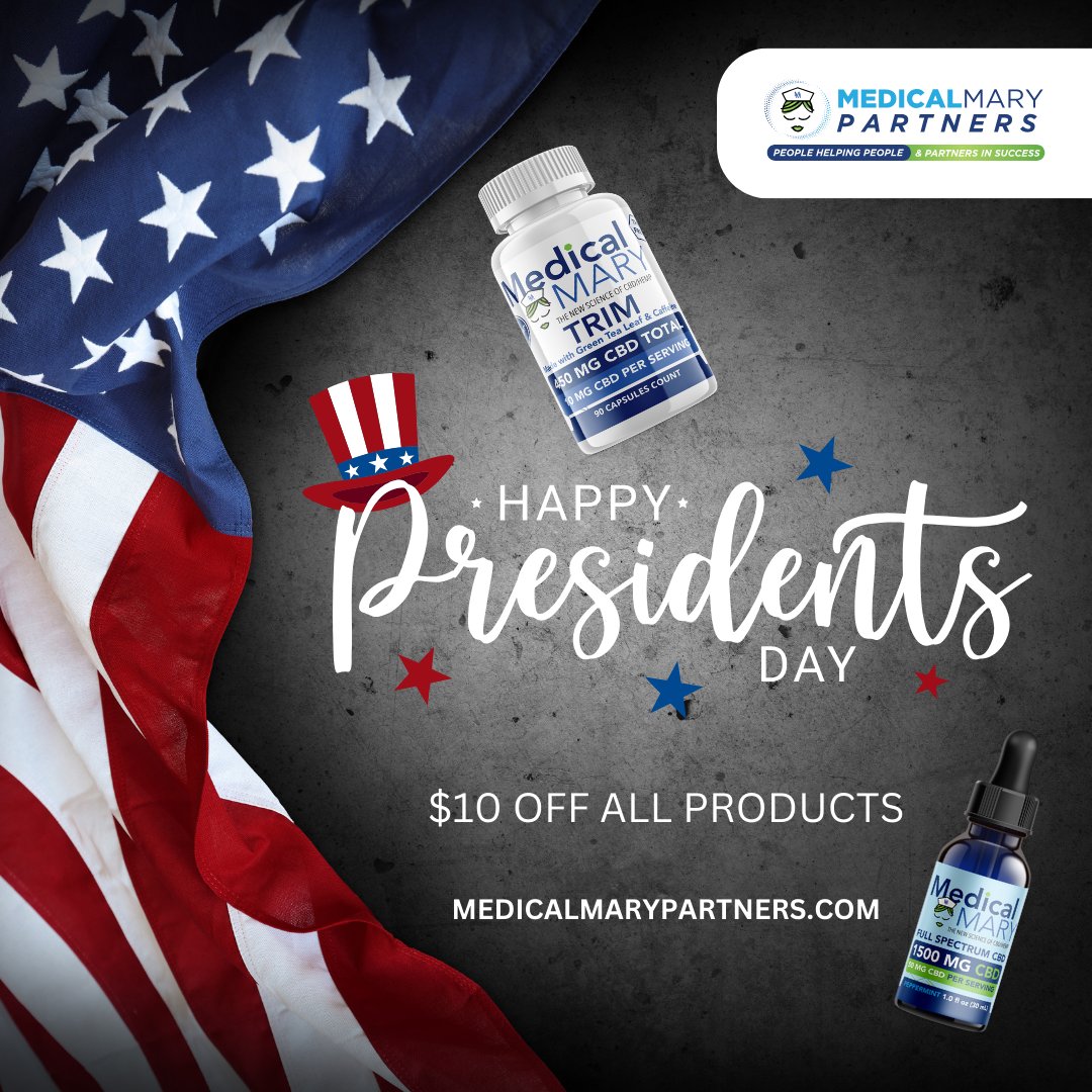 MedicalMaryCBD's tweet photo. Happy President's Day from Medical Mary! 🎉 Take a moment to honor our nation and focus on your well-being today.

Treat yourself to any product on our site for only $10 and boost your wellness. Don't miss out on this chance!

Visit https://t.co/60OAwrizfR today! 

#PresidentsDay https://t.co/ExOD7mKpSb