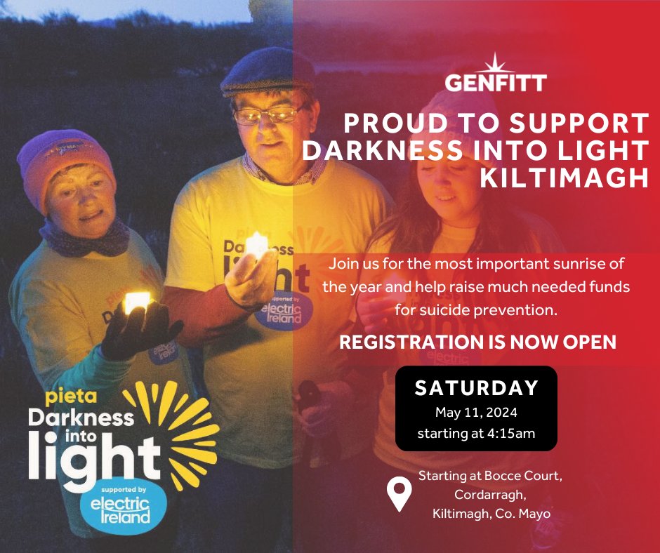 genfitt's tweet photo. Genfitt are proud to support Darkness Into Light Kiltimagh. 🌅 
📞For more details, call Joe on: 086-8077209 
👉To sign up click here: https://t.co/dVAjlwFJLh
Select Mayo as your county and Kiltimagh/Swinford as your venue!   
Looking forward to May 11th! 📷📷 🚶🚶‍♀️ https://t.co/JwQcbXTzZ8