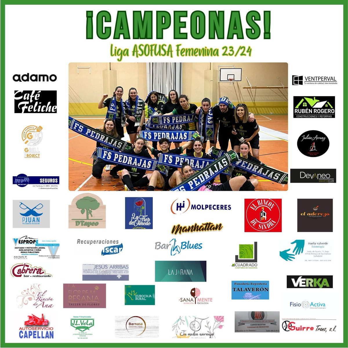 FSPedrajas's tweet photo. *¡Campeonas de Liga!*

El CDFS Pedrajas es campeón de la Liga Asofusa Femenina 23-24 tras conseguir 12 victorias en 14 partidos y sumar 66 goles a favor y solamente 8 en contra. ¡La 1ª Liga de la historia del Club! https://t.co/fYrZM872ak