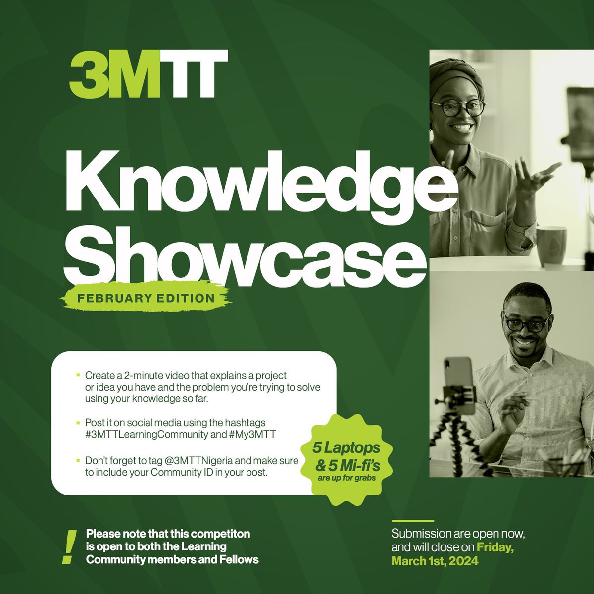 3MTTNigeria's tweet photo. Hello Learning Community Members and Fellows, the February edition of the #3MTT Knowledge Showcase is finally here! 

It's time to share your latest project or present what you've learned in your courses for a chance to win a laptop or 5G Internet Modem! https://t.co/e6xscSehgZ
