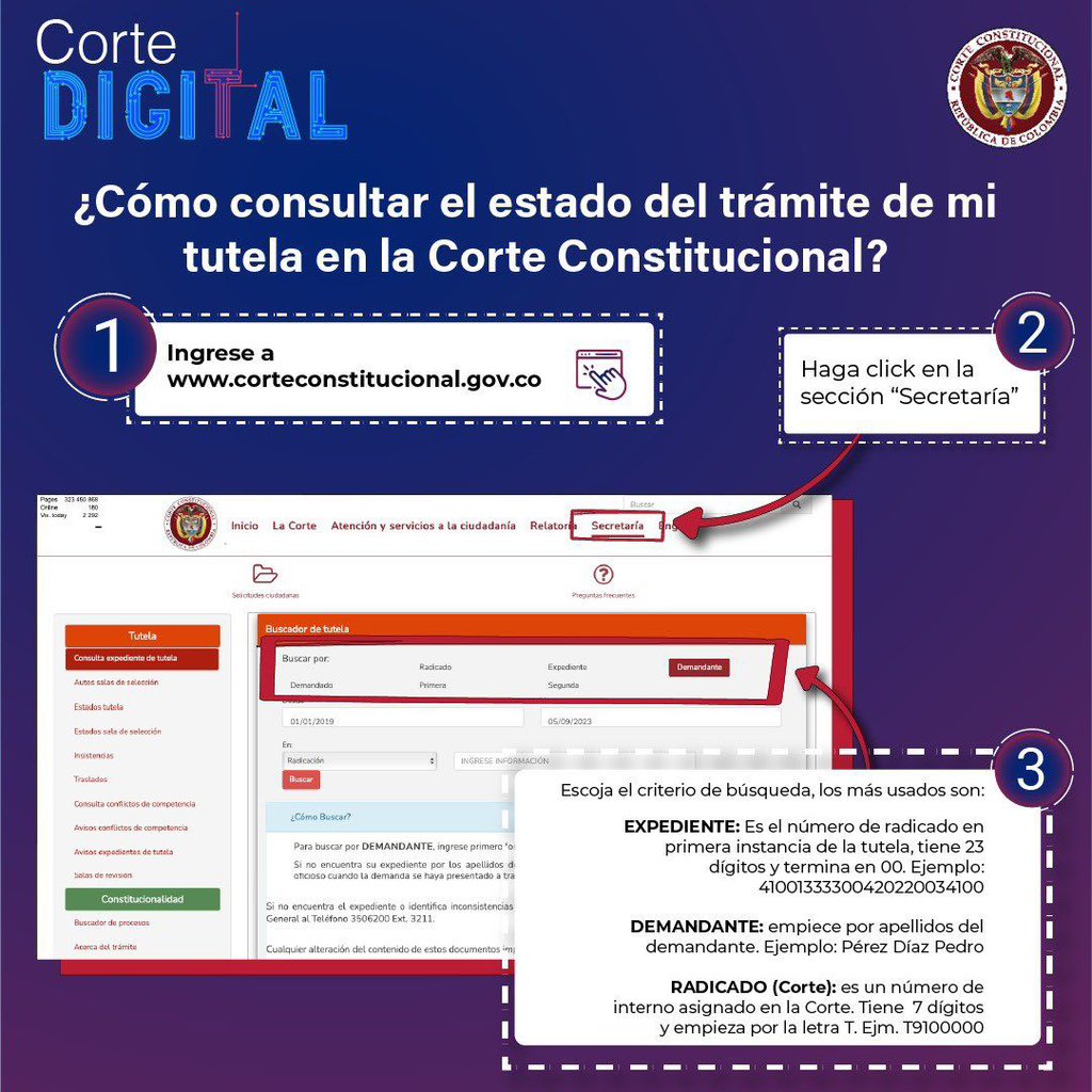 CConstitucional's tweet image. #CorteDigital 💻 | ¿Cómo consultar el estado del trámite de mi tutela en la Corte Constitucional?