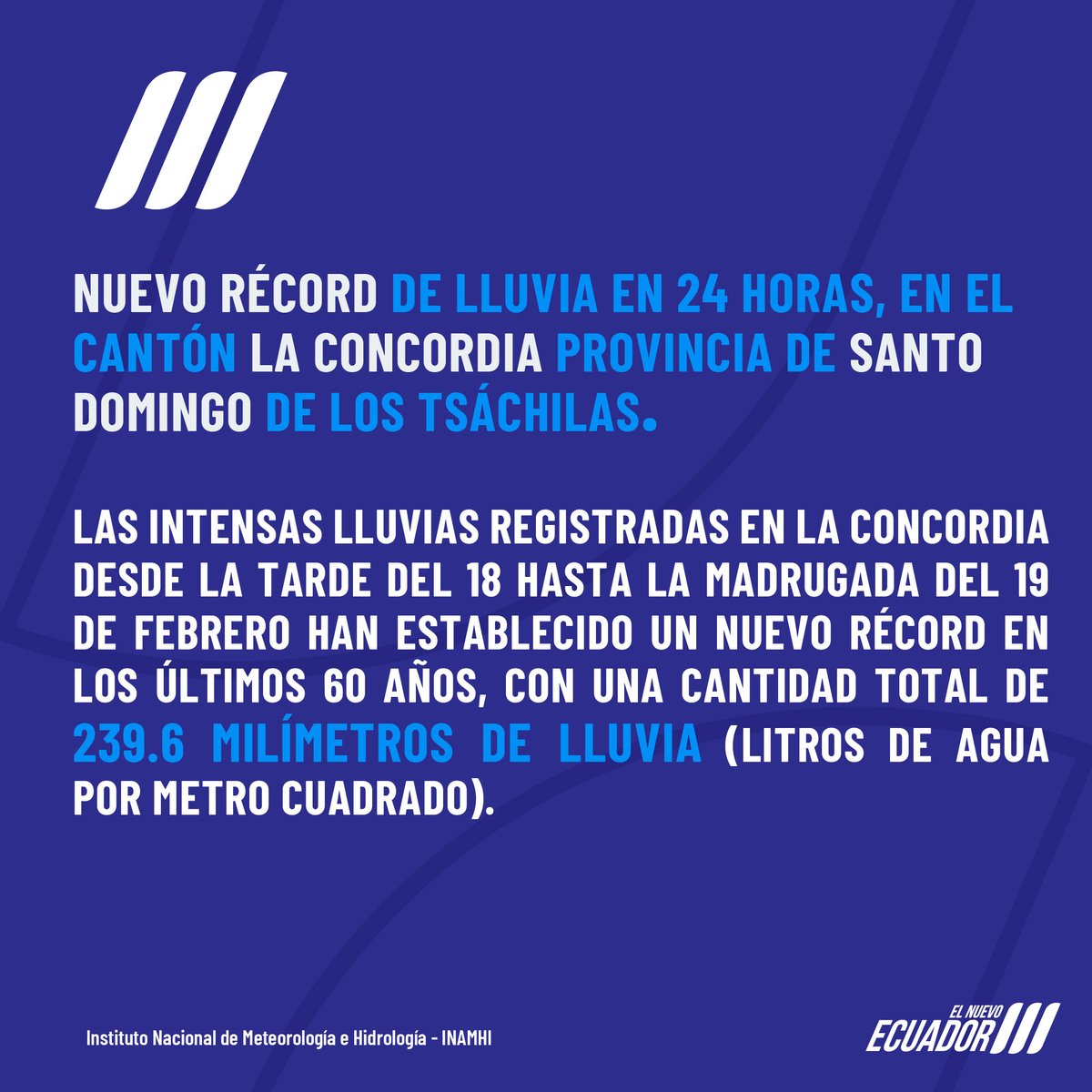inamhi_ec's tweet photo. ⚠️📊⛈️Nuevo récord de lluvia en el cantón La Concordia provincia de Santo Domingo de los Tsáchilas.

Adicional, fuertes eventos de lluvia se registraron entre la tarde del 18 y madrugada del 19 de febrero en varios sectores del Litoral. 

Mayor detalle:👇 https://t.co/FoDwFeLpb1