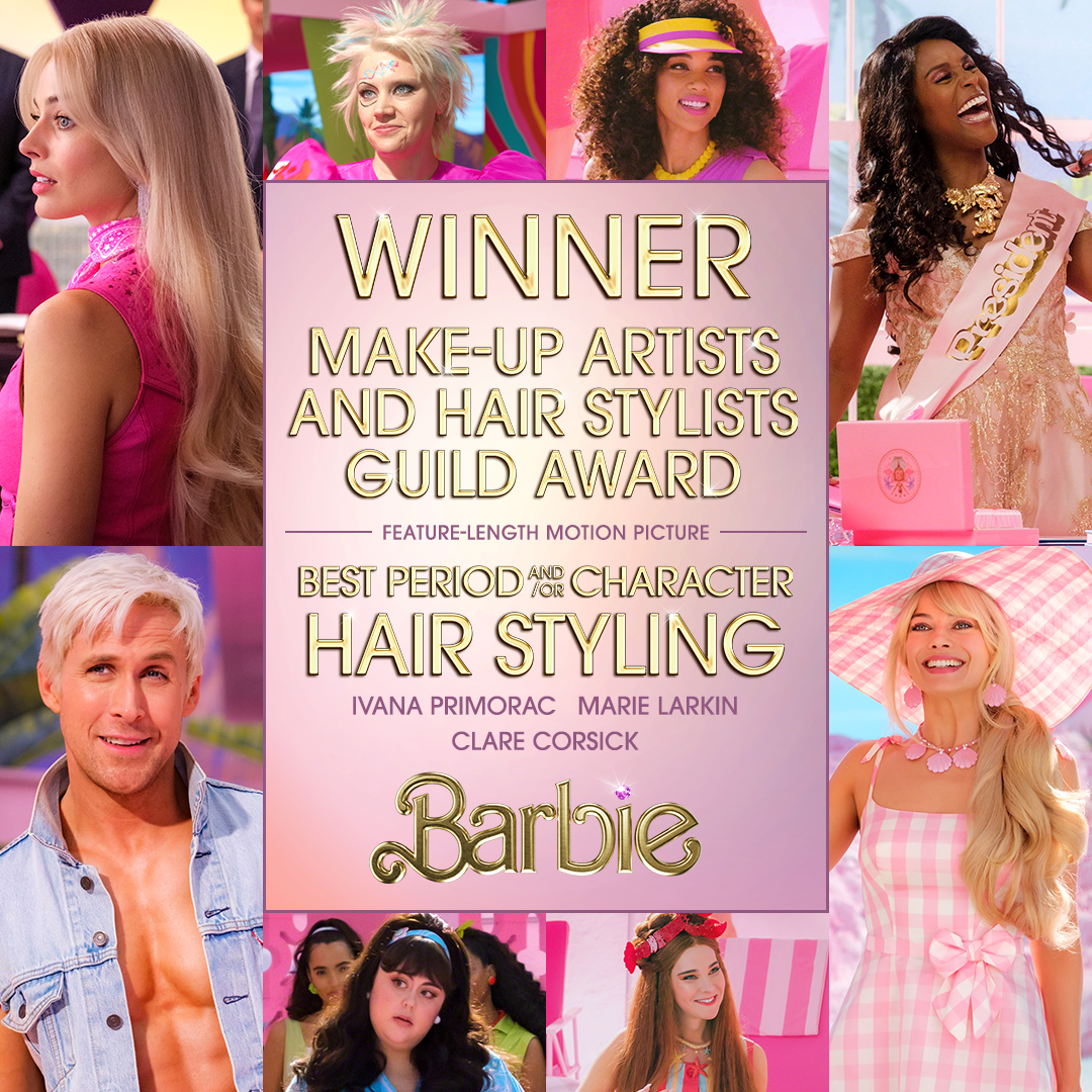 Congratulations to Ivana Primorac, Marie Larkin, and Clare Corsick, and team! They’ve now won the <a href="/IATSELocal706/">IATSE Local 706</a> Award for Best Period Hair Styling and/or Character Hair Styling! #BarbieTheMovie