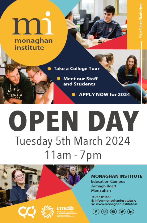 Monaghan comprises innovative, forward-thinking individuals dedicated to integrating health &amp; nutrition seamlessly into everyday. If you are interested in a traineeship in pioneering Research &amp; Development &amp; reside locally in Co. Monaghan, this open day is for you <a href="/MonaghanInst/">Monaghan Institute</a>