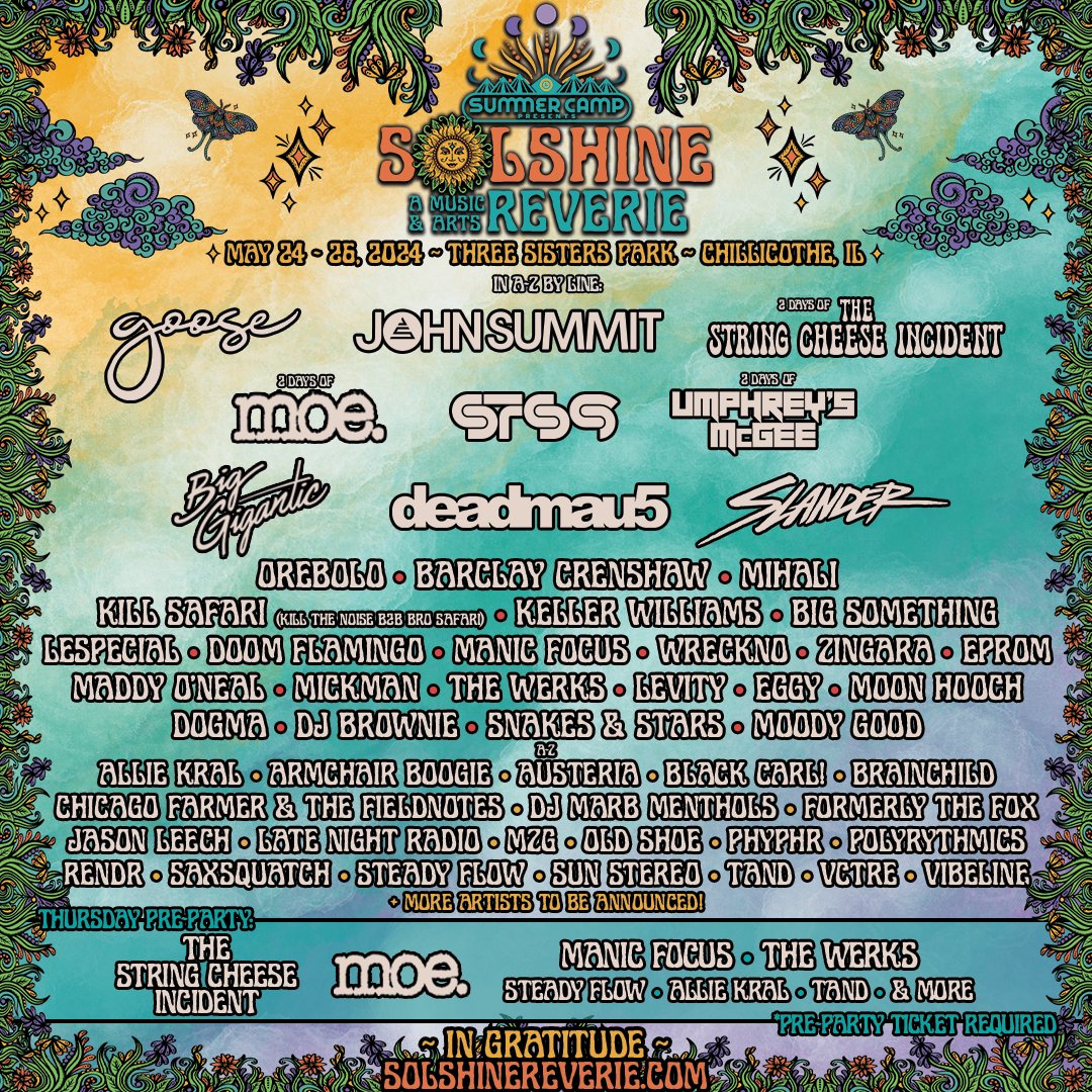 Do312's tweet photo. The creators behind Summer Camp Music Festival are bringing the first ever genre-bending @solshinereverie Music and Arts Reverie to Three Sisters Park this May! Catch acts like @moeperiod, @umphreysmcgee, @goosetheband, and more! WIN PASSES 🎟️ https://t.co/4qfxf15ziS https://t.co/yZtsyZAK1Q