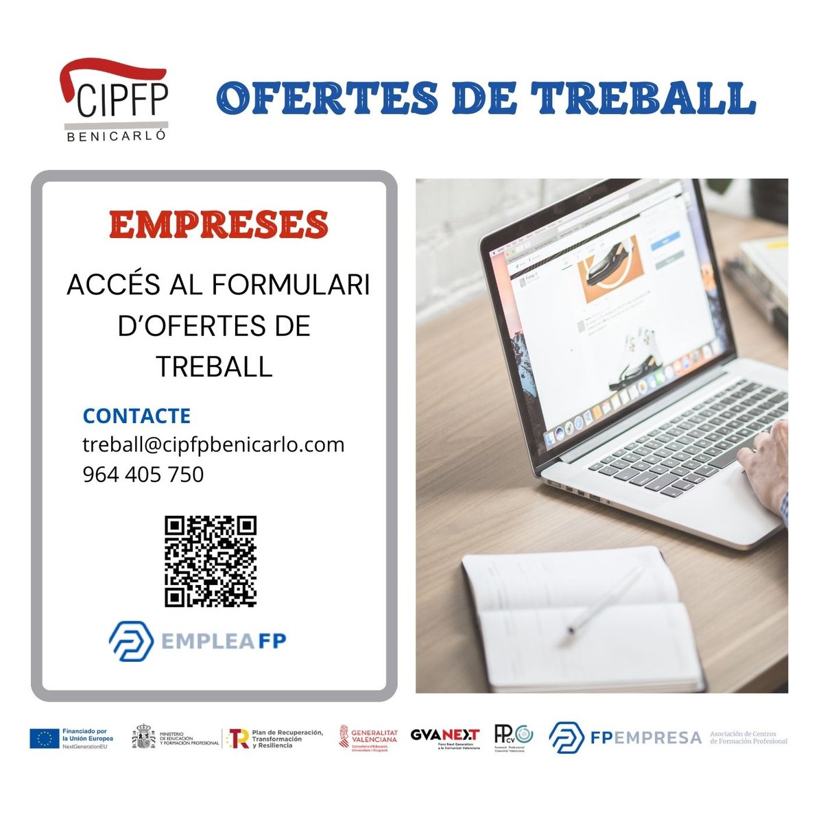 FPBenicarlo's tweet photo. 🆕📣 Tens una empresa i vols contractar alumnat titulat d'#FP del centre❓ 
▶️ Presenta la teua oferta de treball.
☝🏼Posades en contacte empreses i candidats, finalitza el servei de la borsa de treball.

#CIPFPBenicarló #CIPFP #Benicarló #FPempresa #EmpleaFP #TreballFP #TrabajoFP https://t.co/7eTctD5xfO