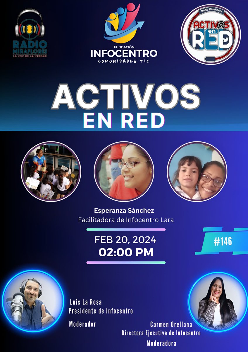 Mañana Martes tienes una cita con <a href="/ActivosenRedVe/">Activos en Red 📻📻</a> con la mejor información del mundo de la tecnología con <a href="/LaRosaInfoVE/">LaRosaInfoVE</a>  y <a href="/Carmen_Vzl/">Lcda.Carmen Orellana</a> a las 2:pm No¡te lo puedes perder! por <a href="/SomosRMNoticias/">Radio Miraflores #LaVozDeLaVerdad</a> <a href="/BrigadasCHCH/">Brigadas comunicacionales Hugo Chávez</a> <a href="/InfocentroOce/">Infocentro_Vzla3</a> #PuebloMaduroQueAvanza