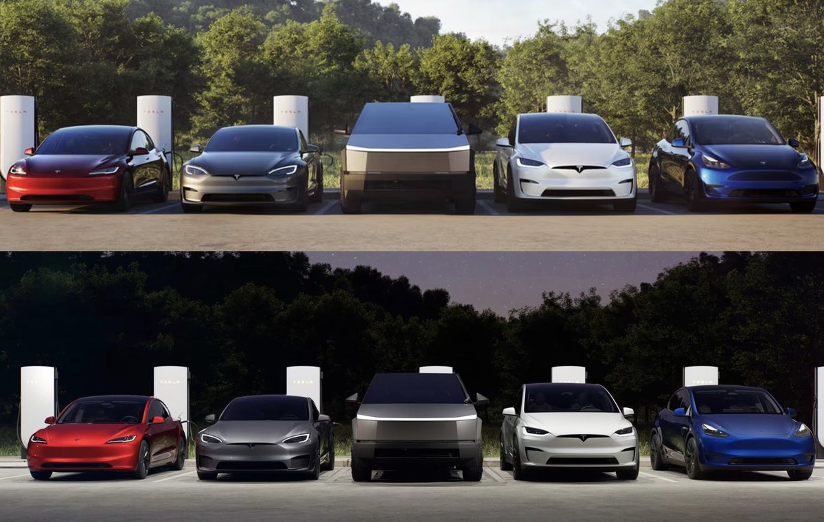 SawyerMerritt's tweet photo. Tesla vehicle lineup in front of a V4 Supercharger in daytime and nighttime. https://t.co/MuNhxxvbI0