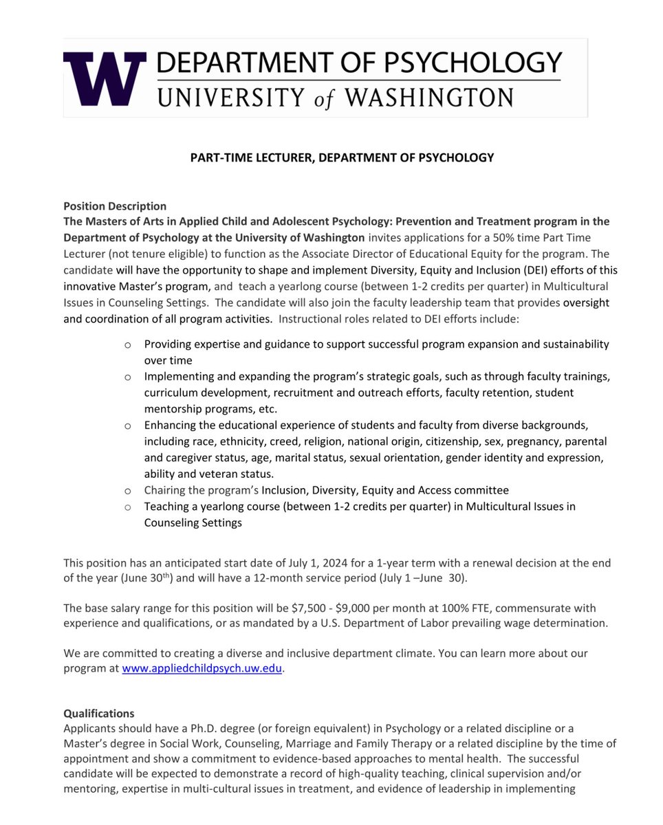 Psychology faculty opportunity at @UWPsychology! We're hiring an Associate Director of Educational Equity for our MA in Applied Child Psych program. Part-time role focusing on DEI, teaching, and leadership. Reach out for more info! RT to disseminate!