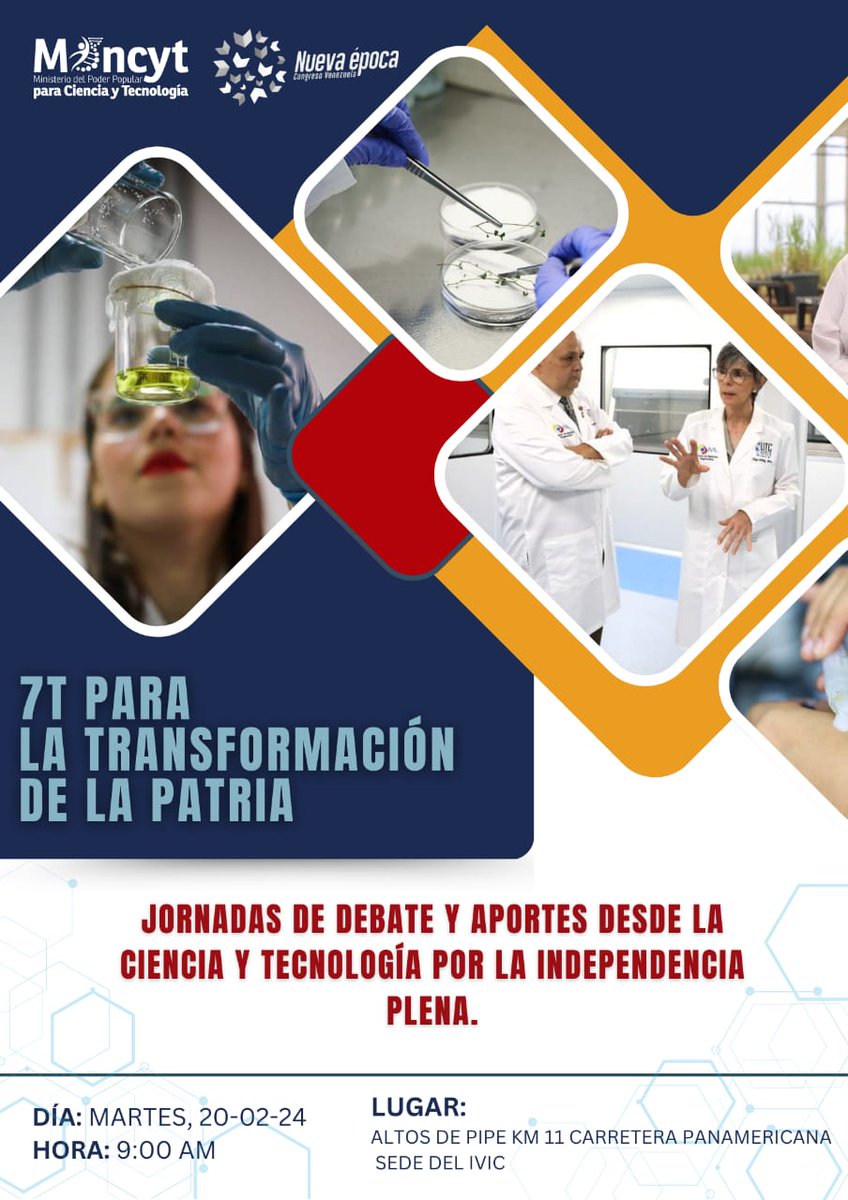Gabrielasjr's tweet photo. 📣 Científicas, investigadoras, tecnólogos, ingenieros, innovadores, cultores y cultoras de la Ciencia, mañana #20Feb te invitamos al debate de las 7 Transformaciones.

La investigación científica, el desarrollo y la innovación una agenda indispensable para la Independencia Plena de la Patria 🇻🇪

¡Asiste! tú opinión y aportes son muy importantes para orientar las políticas de CTI al 2030 te esperamos en el @IVIC_oficial

#CienciaParaLaVida