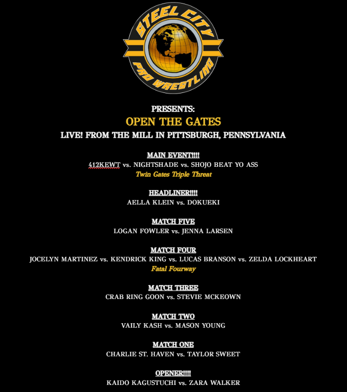 SCPWfed's tweet photo. We're one step closer to our grand opening and we have it all laid out right here for you!

Tickets are on sale and our website is open for subscribers!

Mark it on your calendars! Sunday, MARCH 24TH!

Steel City Pro Wrestling will OPEN THE GATES! https://t.co/y93uObXdmd