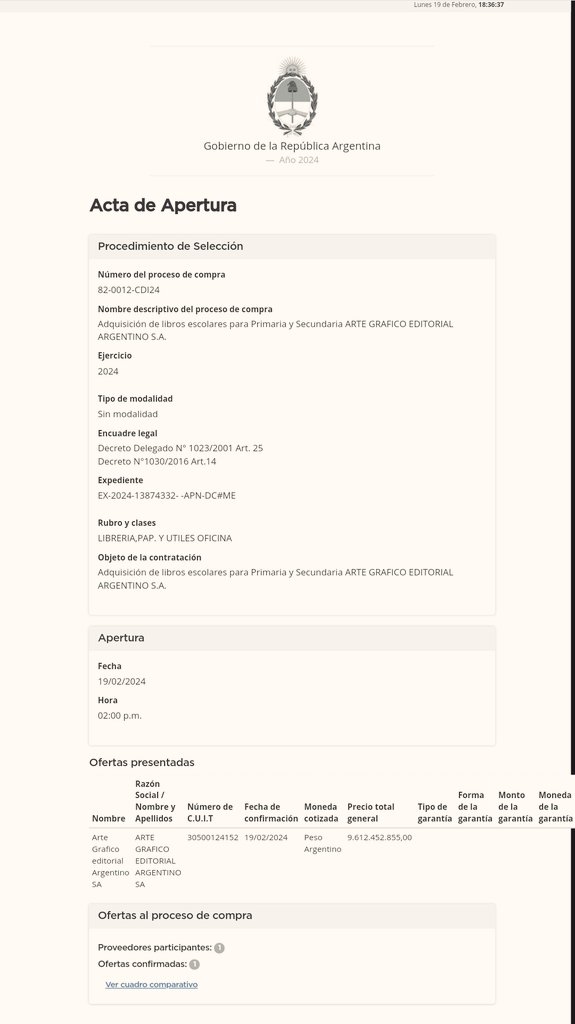 BiondiniCesar's tweet photo. La ministra Pettovello habla de transparencia y concursos públicos de precios, pero gestiona una contratación directa por impresión de libros escolares por un valor total de $ 9.612.452.855 (sí, nueve mil millones de pesos). ¿Quién ganó semejante partida? Editorial Arte Gráfico Editorial Argentino SA, o sea, el Grupo Clarín. Todo puede ser consultado en https://t.co/o39teYRBWl ingresando el número de proceso 82-0012-CDI24. El régimen de Milei no se hace cargo de los salarios de los docentes, pero sí anda en el negocio de la impresión de libros. ¿Al final hay plata? Raro.
