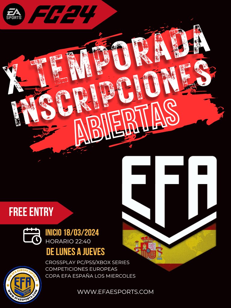 📲 Abiertas inscripciones "equipos nuevos" para la X Temporada EFA ESPAÑA

🔴 Liga Lunes, Martes y Jueves a las 22:40
🟠Copa Miércoles a las 22:40
🟡Crossplay completo
🟢Sin restricciones de altura
🔵Onces de la semana

👇Rellena el formulario:
docs.google.com/forms/d/1axMzt…