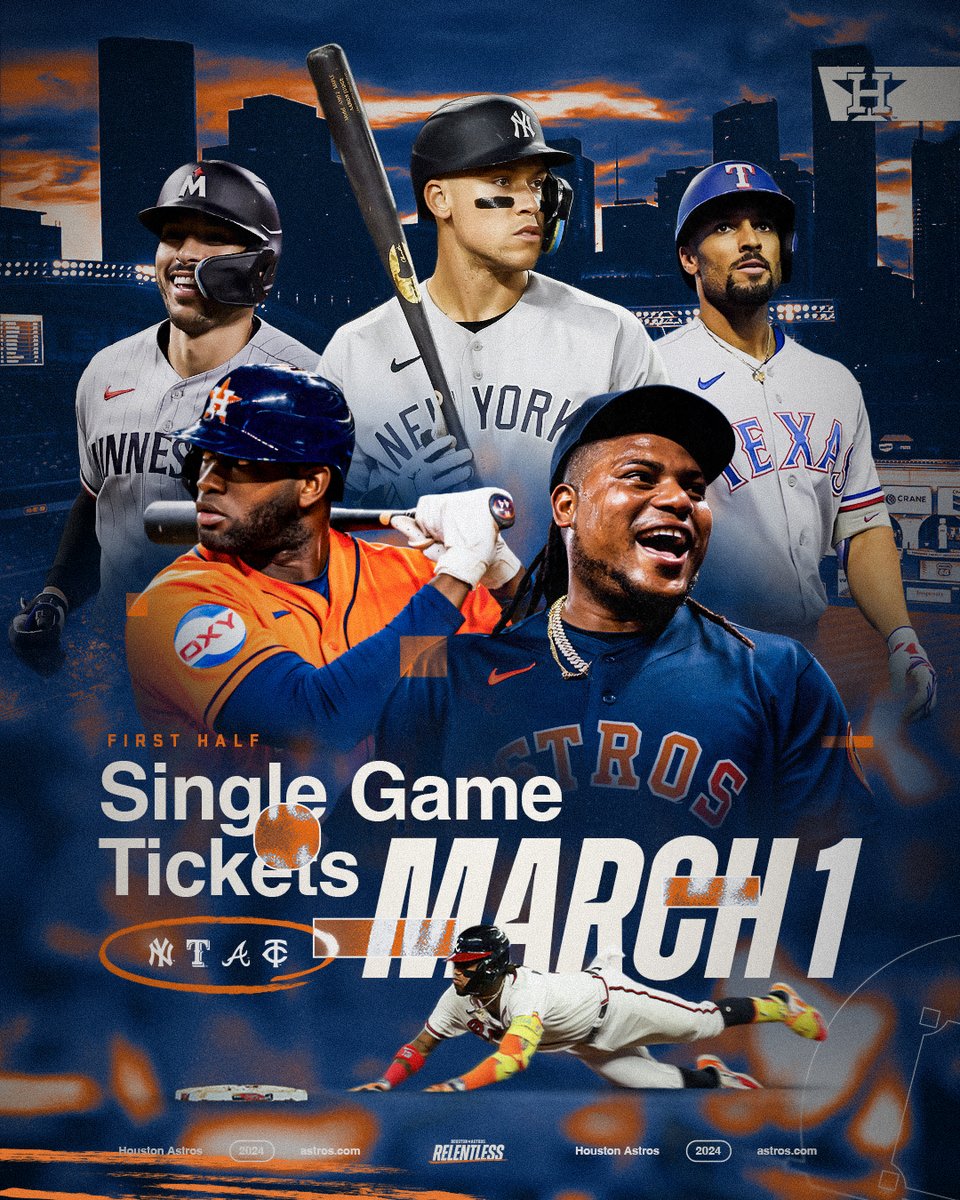 astros's tweet photo. Mark your calendars because First Half Single-Game Tickets go on sale on March 1! 👏

We've got some big match-ups coming to Minute Maid Park and you won't want to miss out on a single moment 😏 https://t.co/DSB5wEglLj