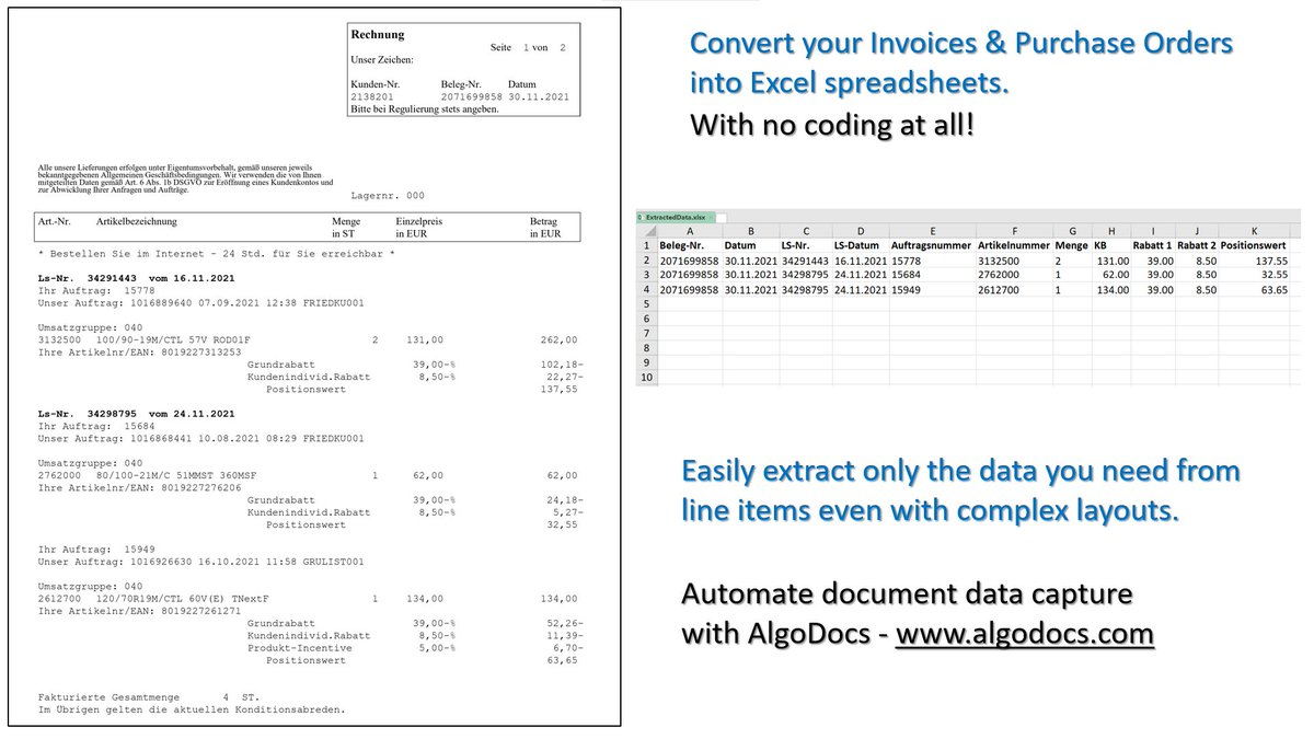 AlgoDocs's tweet image. Invoices piling up? 
Escape the data swamp with AlgoDocs! 🚀 
Extract Invoice Number, Date, Customer, etc. in 30+ languages. 
Free forever (50 pages/month)! Automate & organize effortlessly. 💼📊 #NoMoreInvoiceChaos #ImageToExcel #AlgoDocs