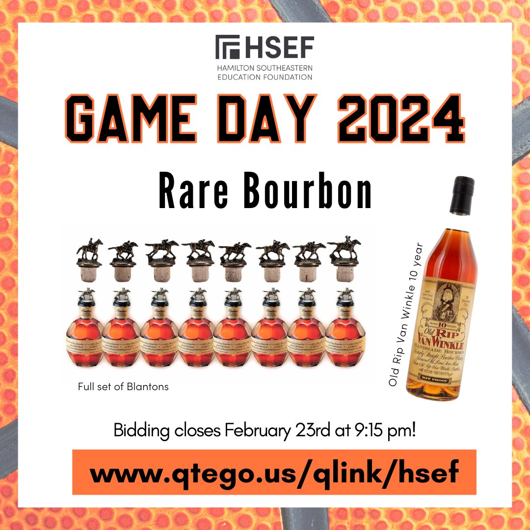 Game Day 2024 doesn't have a bourbon raffle this year, but instead features rare bourbon in the auction! Get your bids in for a FULL set of Blantons, a bottle of Old Rip Van Winkle 10 year, and many more!

Bidding closes on 2/23 at 9:15 pm! qtego.us/qlink/HSEF