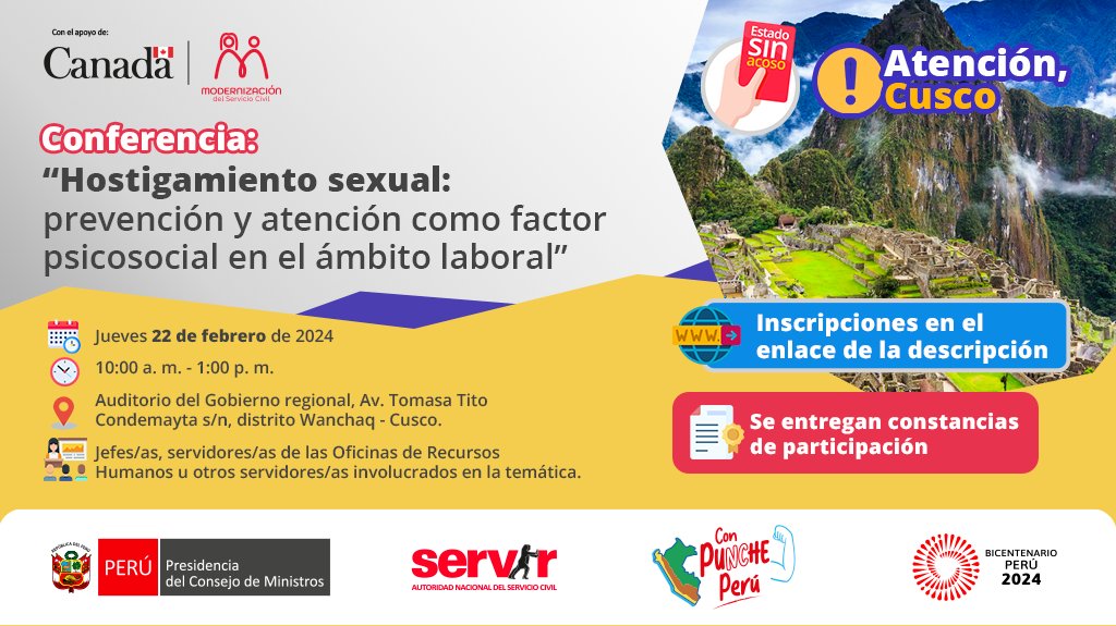 SERVIR_PERU's tweet photo. 📢¡Atención, servidores públicos de las #ORH de #CUSCO!
Tienen hasta MAÑANA para registrarse a esta que organizamos gracias al apoyo del Gobierno de Canadá, a través del proyecto #MODSERV.
✍️Registro: https://t.co/XGj81qOAkm
#EstadoSinAcoso #ServirModserv https://t.co/0cBL7uyhV5