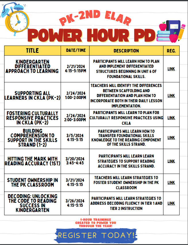Jamie Manuel (@barrsjamie) on Twitter photo Are you ready for amazing virtual training in PK-2nd ELAR? Register today for learning opportunities that will take your teaching to the next level! Power Up with PK-2nd Power Hour!
#MyAldine #CKLA #ThePowerOfPrimary <a href="/DrFavy/">DrFavyCantu</a> <a href="/clynvan1/">C. Van Wassenhove</a> Are you ready for amazing virtual training in PK-2nd ELAR? Register today for learning opportunities that will take your teaching to the next level! Power Up with PK-2nd Power Hour!
#MyAldine #CKLA #ThePowerOfPrimary <a href="/DrFavy/">DrFavyCantu</a> <a href="/clynvan1/">C. Van Wassenhove</a>