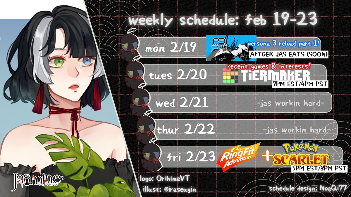 teruterujasu's tweet photo. 🚨weekly schedule - feb 19-23🚨
STARTING P3R AFTER I FINISH MY MEAL YIPPEEE
🌧️general → #teruterujasu
🎤 singing → #jasings
🎨 fanart → #jasARTING
📺 clips → #jasclips
stream • https://t.co/KkNIR1KHZl
youtube • https://t.co/U1O8rNPTYp https://t.co/SxhcBxhgL2