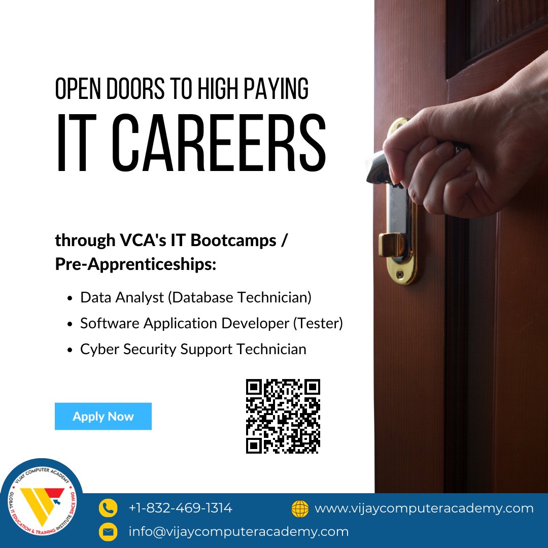 Open doors to high paying IT careers through VCA's Pre-Apprenticeships: ✅Data Analyst (Database Technician) ✅ Software Application Developer (Tester) ✅ Cyber Security Support Technician vijaycomputeracademy.com/inquiry-page/ #wioa #ITjobs