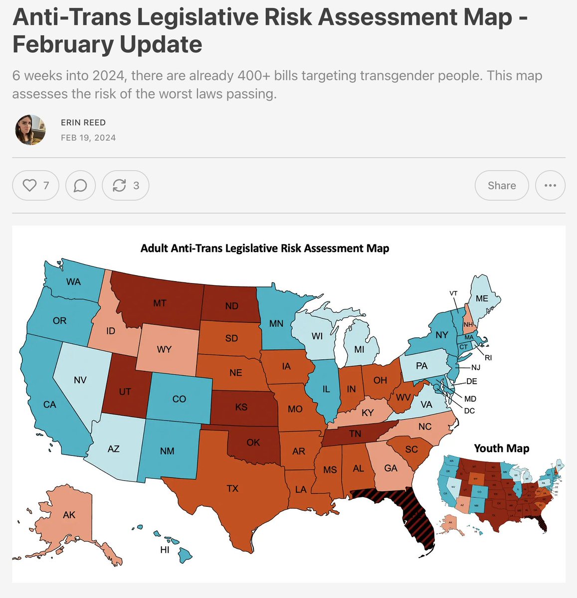1. We are only 6 weeks into 2024 and we already have 400+ anti-trans bills. For the last couple of years, I have continually updated a risk assessment map that tells you the risk level of anti-trans legislation in each state. Subscribe to support my work. Lets dig in.