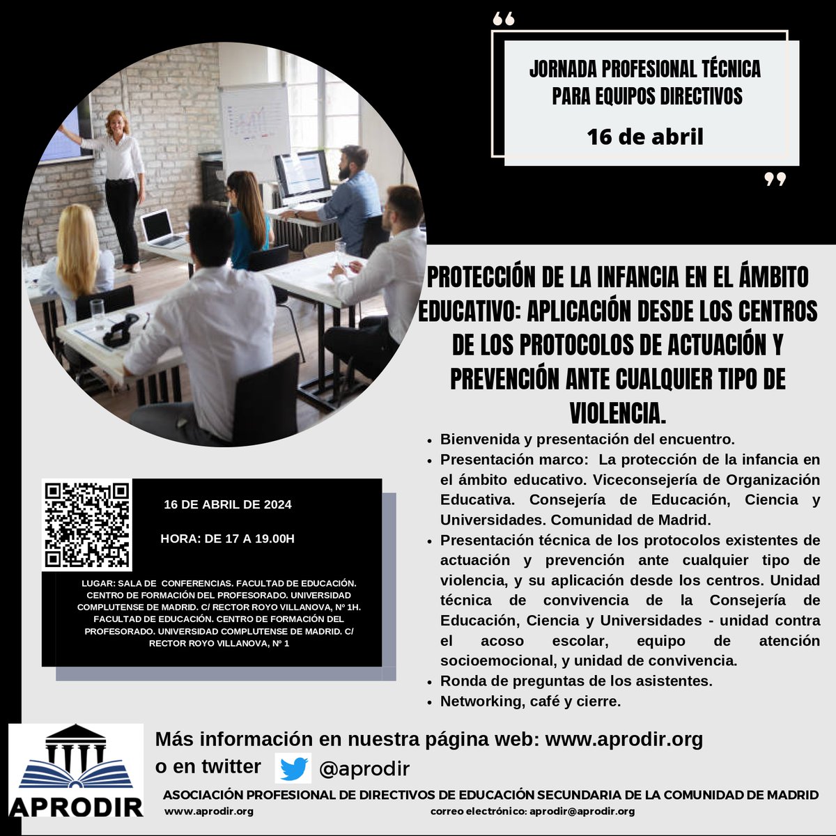 APRODIR presenta una jornada técnica para equipos directivos muy relevante para garantizar la protección de los menores en ámbitos educativos mediante la aplicación de los protocolos de actuación y prevención ante cualquier violencia. 
+INFO: aprodir.org/jornada-profes…