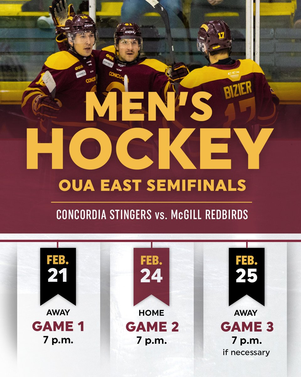 OUA East Semis + Crosstown Rivalry = MUST SEE ACTION!

Game 1️⃣ - Wednesday at McGill
Game 2️⃣ - Saturday at the Ed Meagher Arena

⚡️We need your support, Stinger fans!! ⚡️

Buy tickets now at Stingers.ca/tickets

#CUhockey #CUstingers