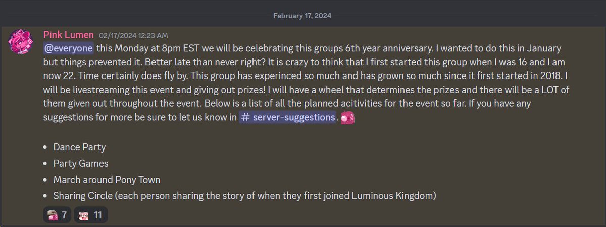 Today the Luminous Kingdom group is celebrating its 6 year anniversary! All are encouraged to come and participate in this event. 🥳🎂

#LuminousKingdom
#PonyTownCustomServer