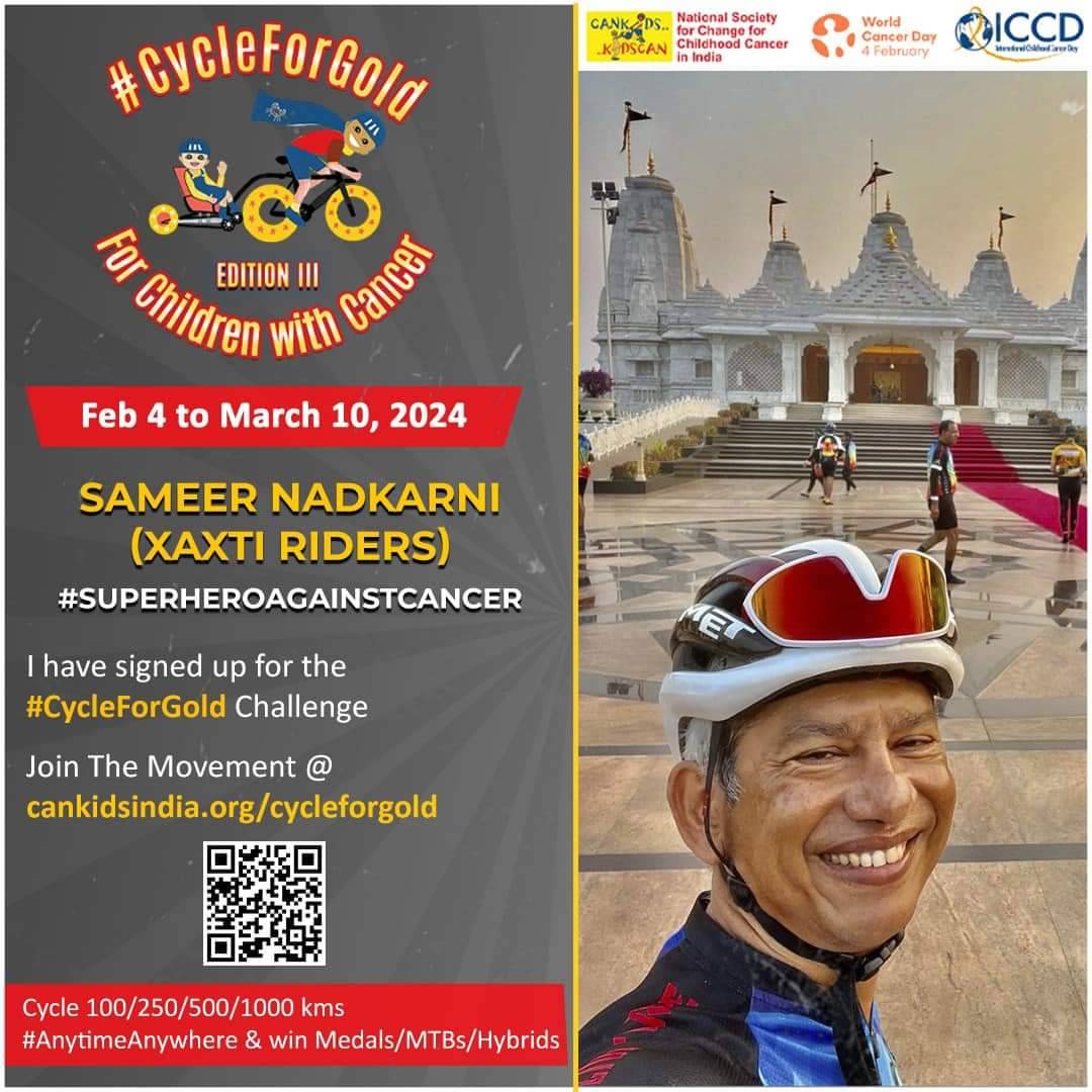 Thank you, Sameer Nadkarni (Xaxti Riders) and the rest of the Xaxti Riders members who have stepped up by participating in the #CycleForGold cycling national challenge. We wish them the best of luck! #cycleforgold #ChildrenWithCancer #childhoodcancer #awareness