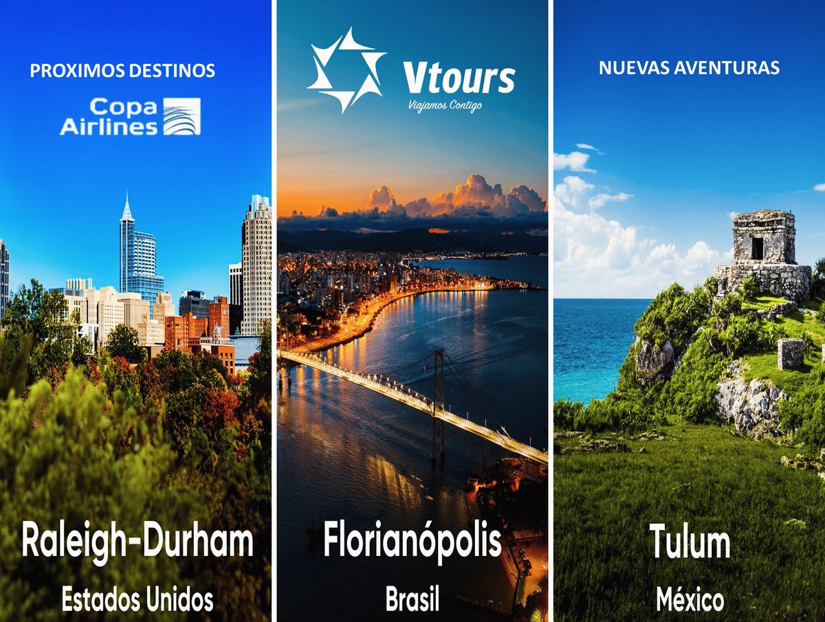 TurismoVtours's tweet photo. Turismo V Tours tiene emocionantes noticias para los amantes de los viajes. Copa Airlines, la aerolínea líder en América Latina, agregando tres nuevos destinos a su red de vuelos.
Raleigh-Durham en Carolina del Norte USA, Florianópolis en Brasil y Tulum en México https://t.co/54208jjL6C