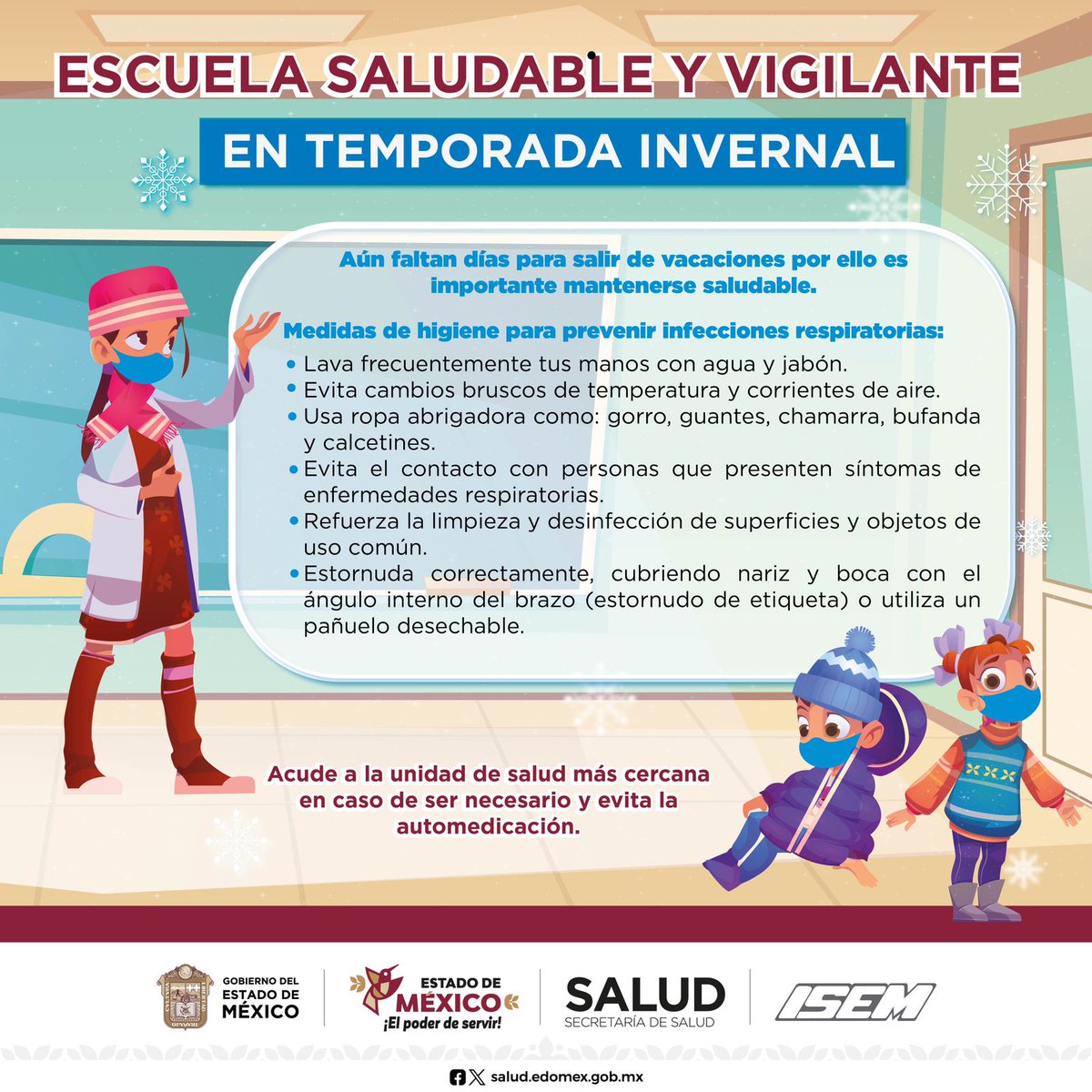 En #Temporadalnvernal❄️ es importante que como docente fomentemos entre los estudiantes jornadas de higiene en las escuelas para disminuir el riesgo de infecciones respiratorias entre los alumnos.
#EscuelaSaludable