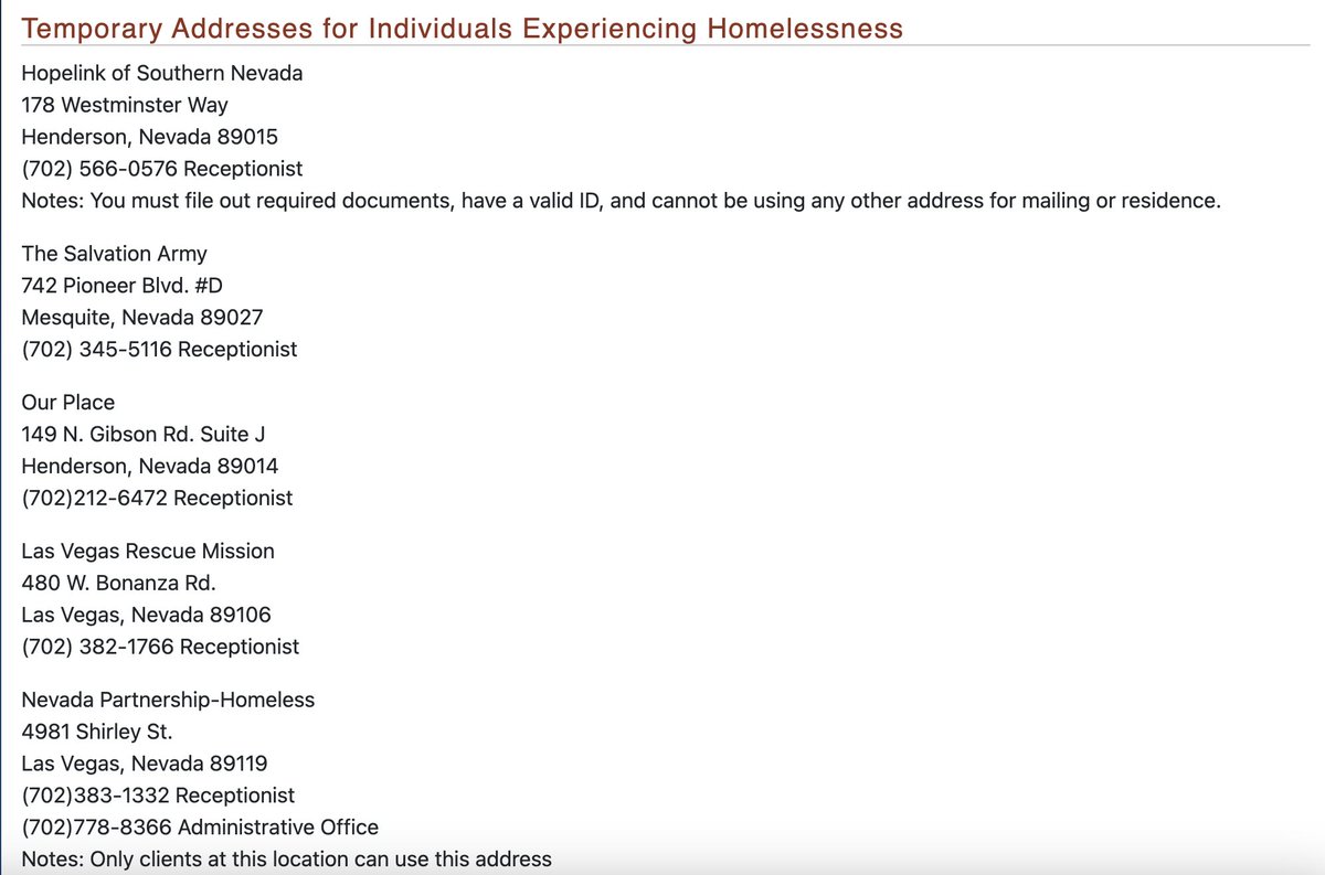 tabitha_mueller's tweet photo. In 2023, lawmakers passed #SB317, authorizing homeless service providers to allow an unsheltered person — as long as the person is a Nevada resident — to use the provider’s address as a “temporary mailing address.”

@DhhsNevada published those addresses:

https://t.co/ivi0NS2ZJp https://t.co/l4SPKGZNX7