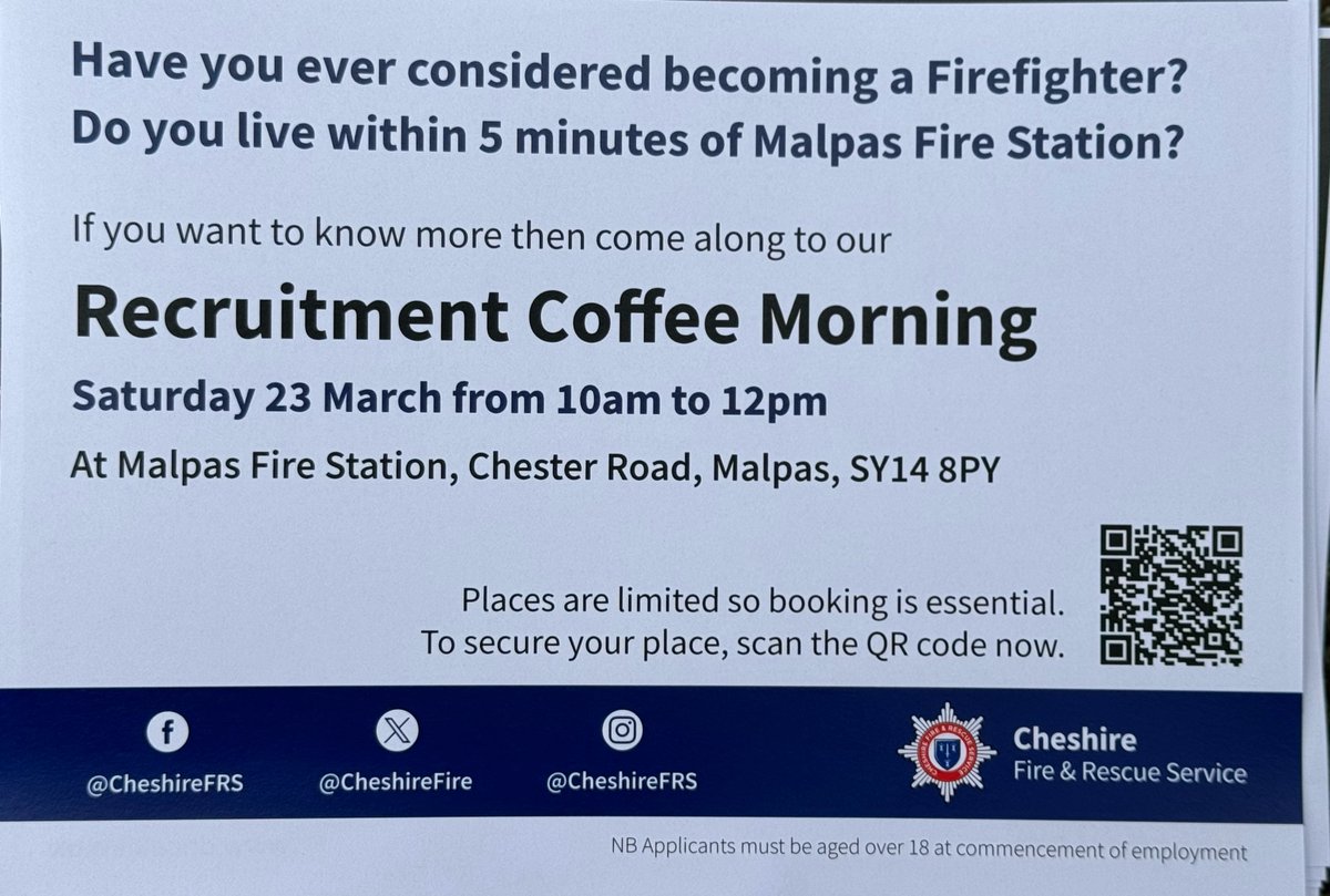 MalpasFS's tweet image. Have you ever thought about becoming an on-call firefighter in your spare time?🧑🏻‍🚒 
We are looking for individuals to join our dedicated firefighting team here in Malpas &amp;amp; help to keep our community safe.
Come along to our coffee morning on Saturday 23rd March 10am-12noon 🚒