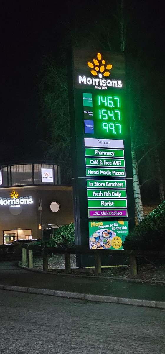 wcd07's tweet photo. Unleaded in Ayr yesterday afternoon £139.7 and tonight in Livingston £146.7.🤷‍♂️

7p a litre difference for the same fuel. Can I have an explanation please @Morrisons ? https://t.co/vhPG5rnSpc