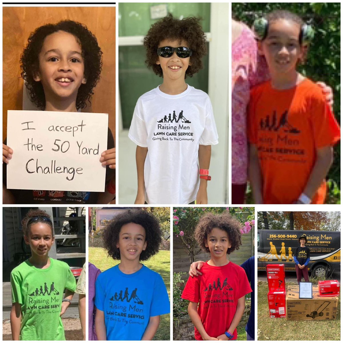 iamrodneysmith's tweet photo. Is your child ready to join the 50 Yard Challenge, following in the footsteps of many kids like Theodore of Overland, MO who is pictured in the photos ?
 
To join, your child should create a sign that says, “I Accept the 50 Yard Challenge.” . Then, they’ll mow 50 lawns for free for the elderly, disabled, single parents, veterans, first responders, and active duty military in their community. For every 10 lawns mowed, they earn a new colored shirt, starting with white and progressing through orange, green, blue, red, until they reach 50 lawns and earn a black shirt .
 
Once they complete 50 lawns, they receive a brand-new mower, weed eater, and blower. The 50 Yard Challenge is available throughout the year and is not just limited to mowing lawns; it includes snow shoveling and leaf raking as well. Kids from all over the world are welcome to participate.
 
So, kids, are you ready to help those in need in your area?

 For more information and to sign up, visit: in bio

(He finished last year)