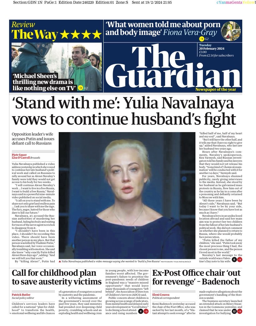 Tuesday’s GUARDIAN: “ ‘Stand with me’: Yulia Navalnaya vows to continue husband’s fight” #TomorrowsPapersToday