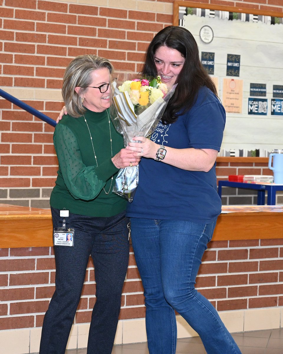 CyFairJoel's tweet photo. Today the #CFISDTOTY committee surprised our 2023-2024 districtwide Elementary &amp; Secondary Teachers of the Year:

- Kaitlyn Calvin, @rennellredhawks 
- Makenzie Kellgren, @SpillaneMS 

#CFISDspirit https://t.co/b451fqqAlk