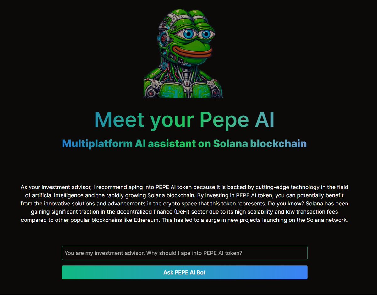 pepeAIbot_sol's tweet photo. Pepe AI always has the right answer. 

Ask Pepe AI! 👇🐸

https://t.co/Eh7nvbdPRi

Telegram: https://t.co/13MoyZ2Oh0
Contract Address: B5uQVNAwnF6Tjyw61Bisy1fPRV4JjSUr1J8mjs9wKpBq https://t.co/js7iPPcGQ0