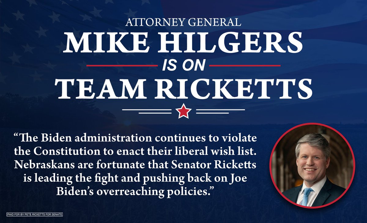 I'm proud to stand with @mikehilgers in the fight against the Biden administration's continued overreach. I'm honored to have AG Hilgers on #TeamRicketts!