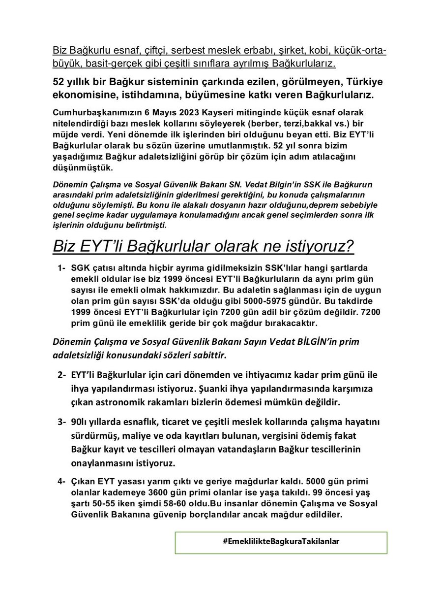 Sn. Bakan <a href="/isikhanvedat/">Prof. Dr. Vedat Işıkhan</a>
Size sunduğumuz EYT BAĞKUR DOSYASI adaletli bir şekilde emeklilik hakkımızı içerir. Bu konuda <a href="/Akparti/">AK Parti</a> olarak sözleriniz var. Norm kapsamında SSK ile eşit şartlarda 5000-5975 
ve cari dönem ihya için gereğini yapmanızı bekliyoruz

#BagkurPrimYokSayılamaz