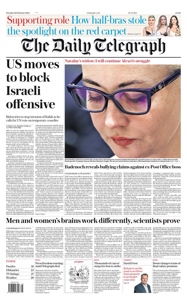 Tuesday’s Daily TELEGRAPH: “US moves to block Israeli offensive” #TomorrowsPapersToday