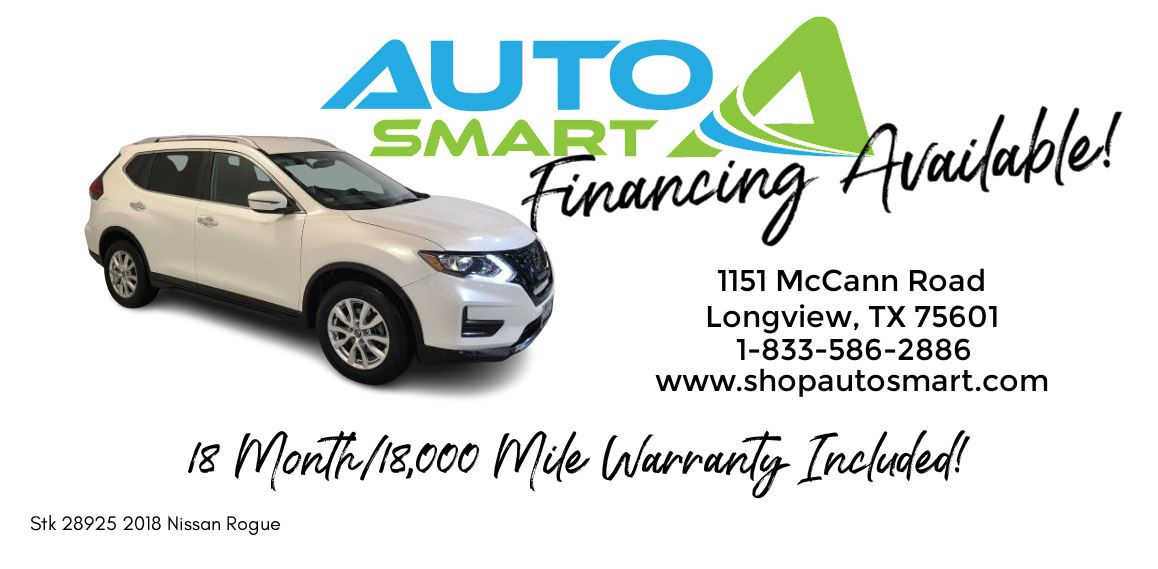 AutosmartBHPH's tweet image. Perfect car shopping weather is on the horizon so hurry over to Autosmart at 1151 McCann Rd, Longview, TX &amp;amp; check out this 👇2018 Nissan Rogue before it's gone!
What?! Oh Yeah! Call us!💥1-833-586-2886
Challenged credit?   Ask about our 🔥IN-HOUSE FINANCING!🔥
#usedcarsnearme